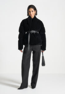 Taya - Velvet Wrap Belted Puffer Jacket - Black