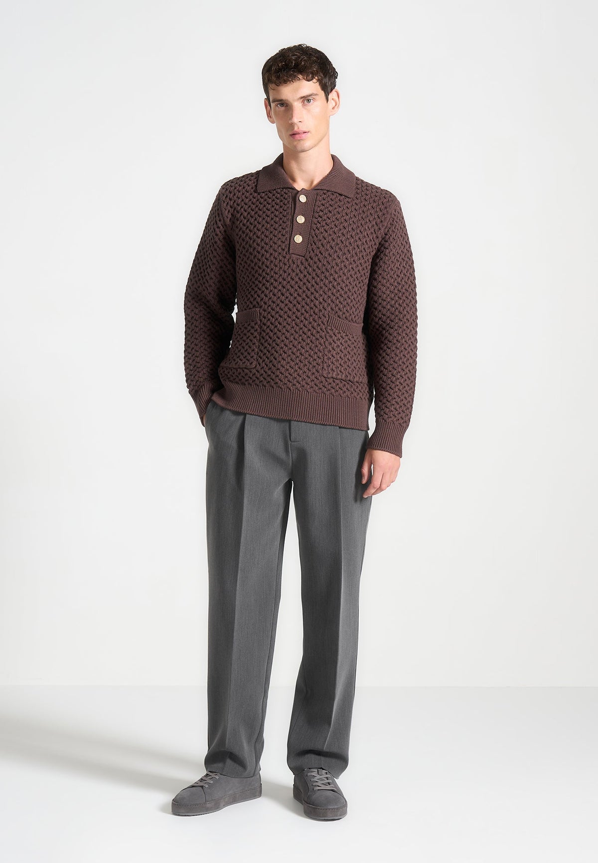 Waffle Knit Polo Jumper - Brown