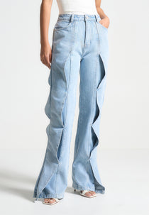 Maé - Wave Detail Straight Leg Jeans - Light Blue