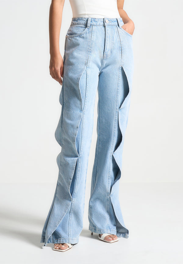 Maé - Wave Detail Straight Leg Jeans - Light Blue