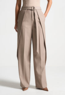 Foldover Tailored Trousers with D-Ring Belt - Beige