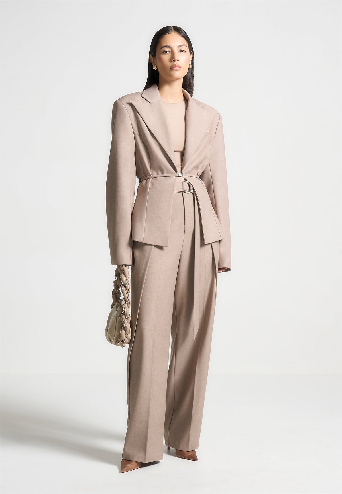 Foldover Tailored Trousers with D-Ring Belt - Beige
