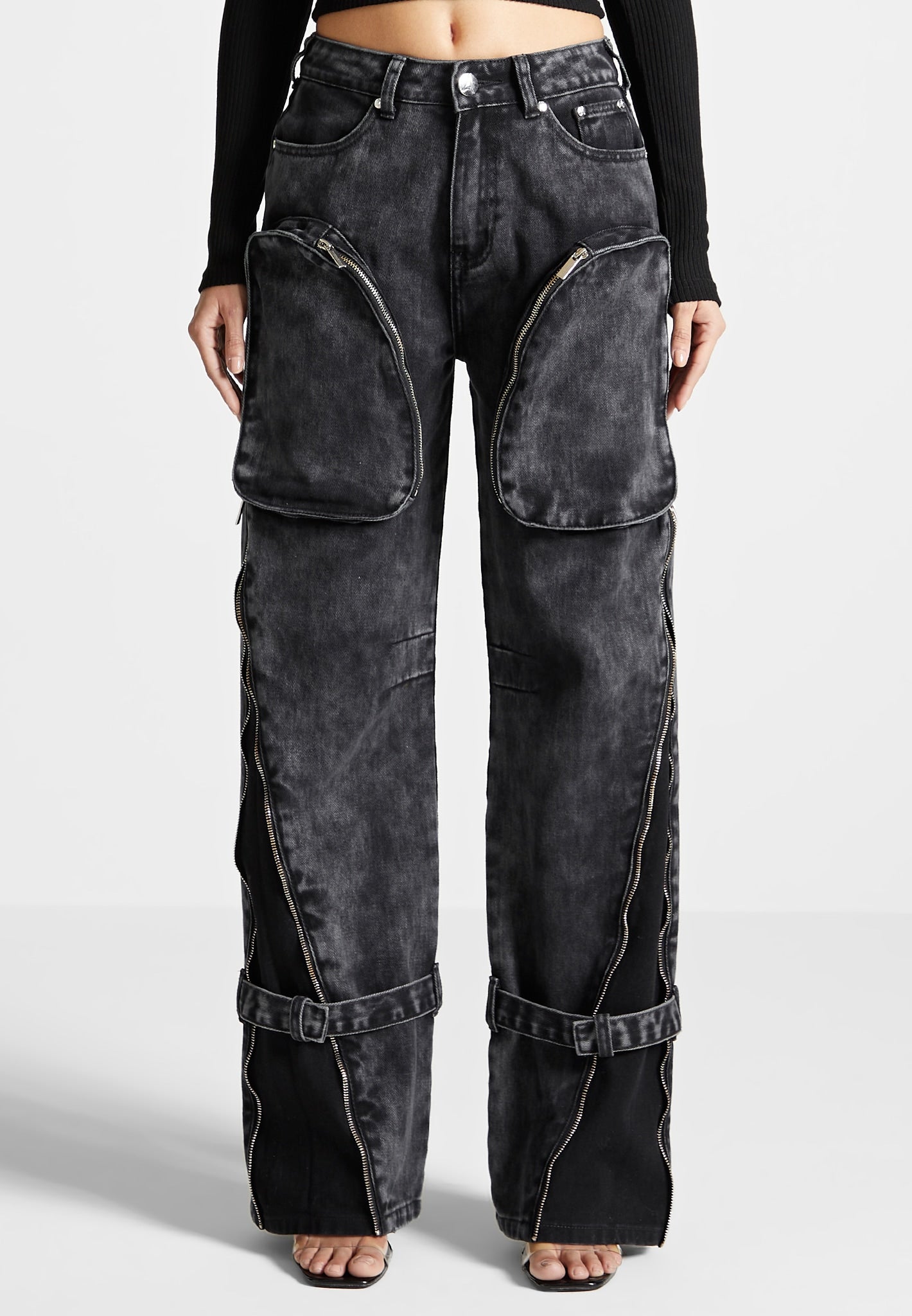 Zip Detail Denim Cargo Pants - Washed Black | Manière De Voir