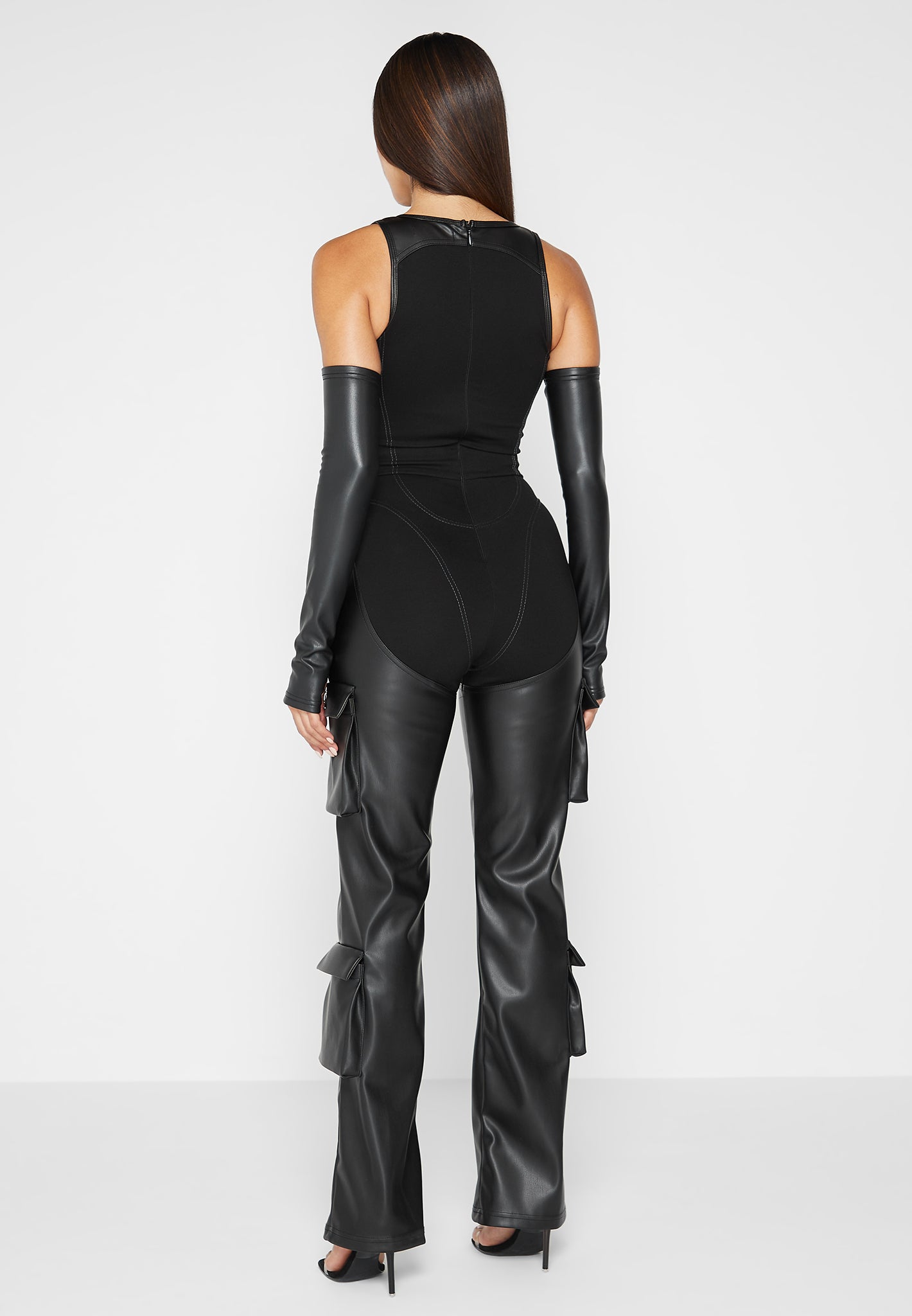 【Raucohouse】Leather shirring over MA-1 jumper Bandage and Leather Racer Neck Cargo Pocket Jumpsuit - Black