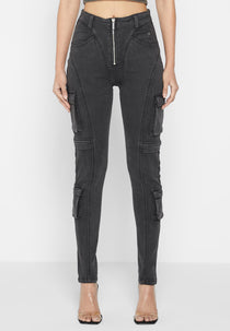 Cargo Pocket Skinny Jeans - Washed Black