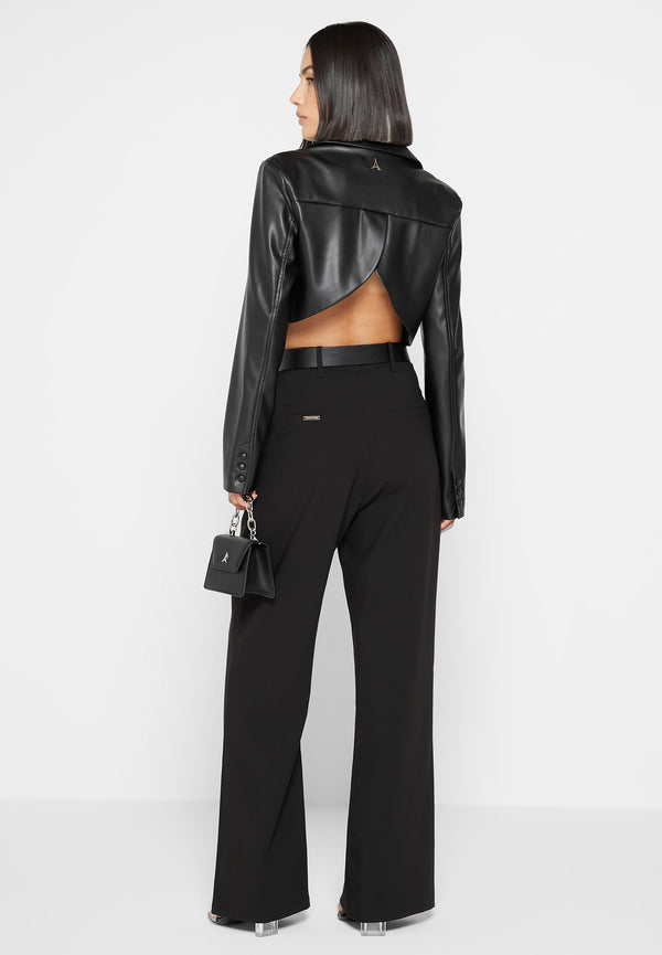 Cropped Leather Blazer with Open Back - Black