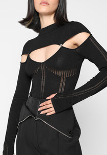 Knitted Cut Out Bodysuit - Black