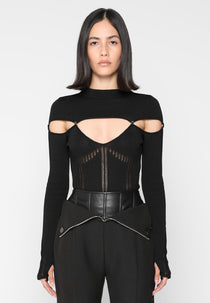 Knitted Cut Out Bodysuit - Black