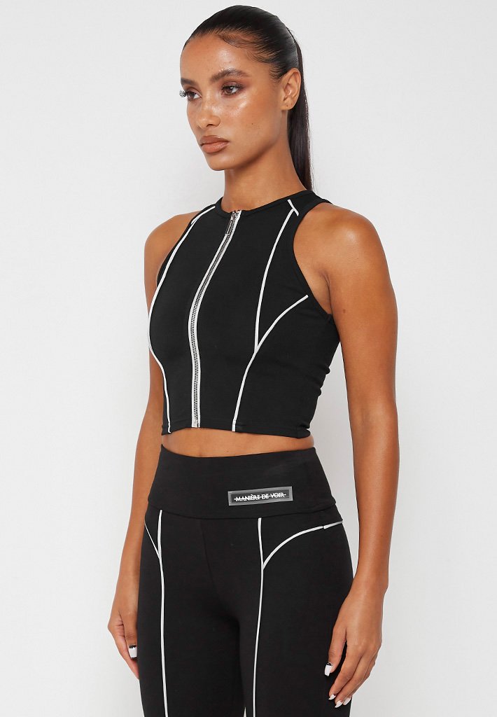 Reflective Piped Crop Top - Black