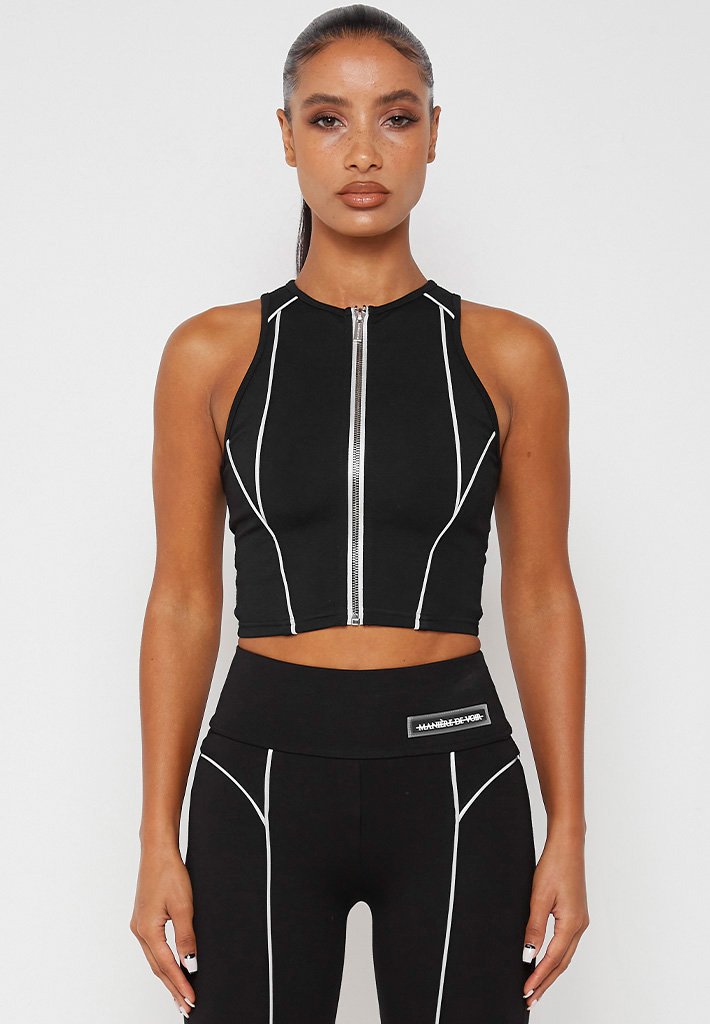 Reflective Piped Crop Top - Black