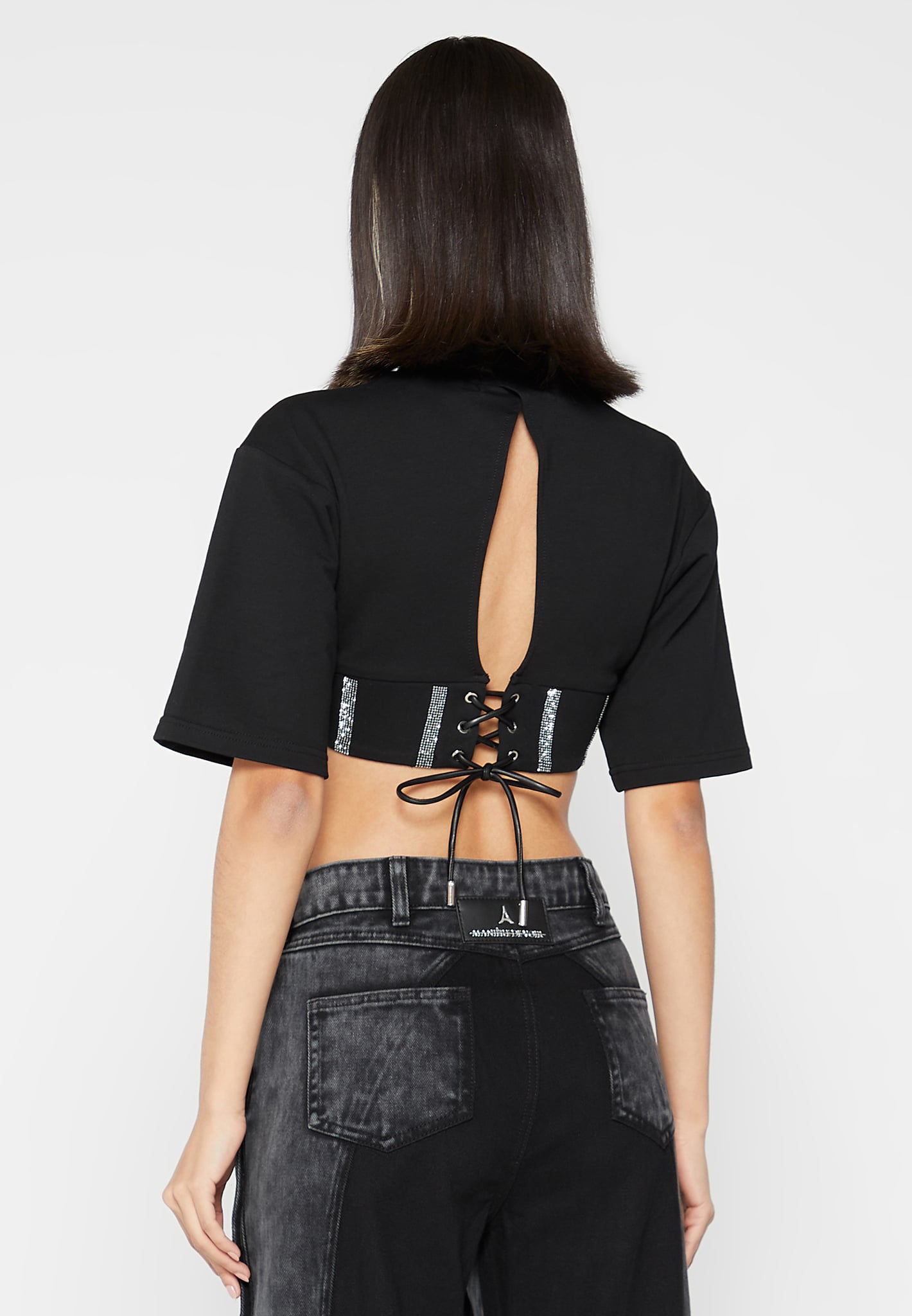 Rhinestone Lace Up Corset T-Shirt - Black | Manière De Voir
