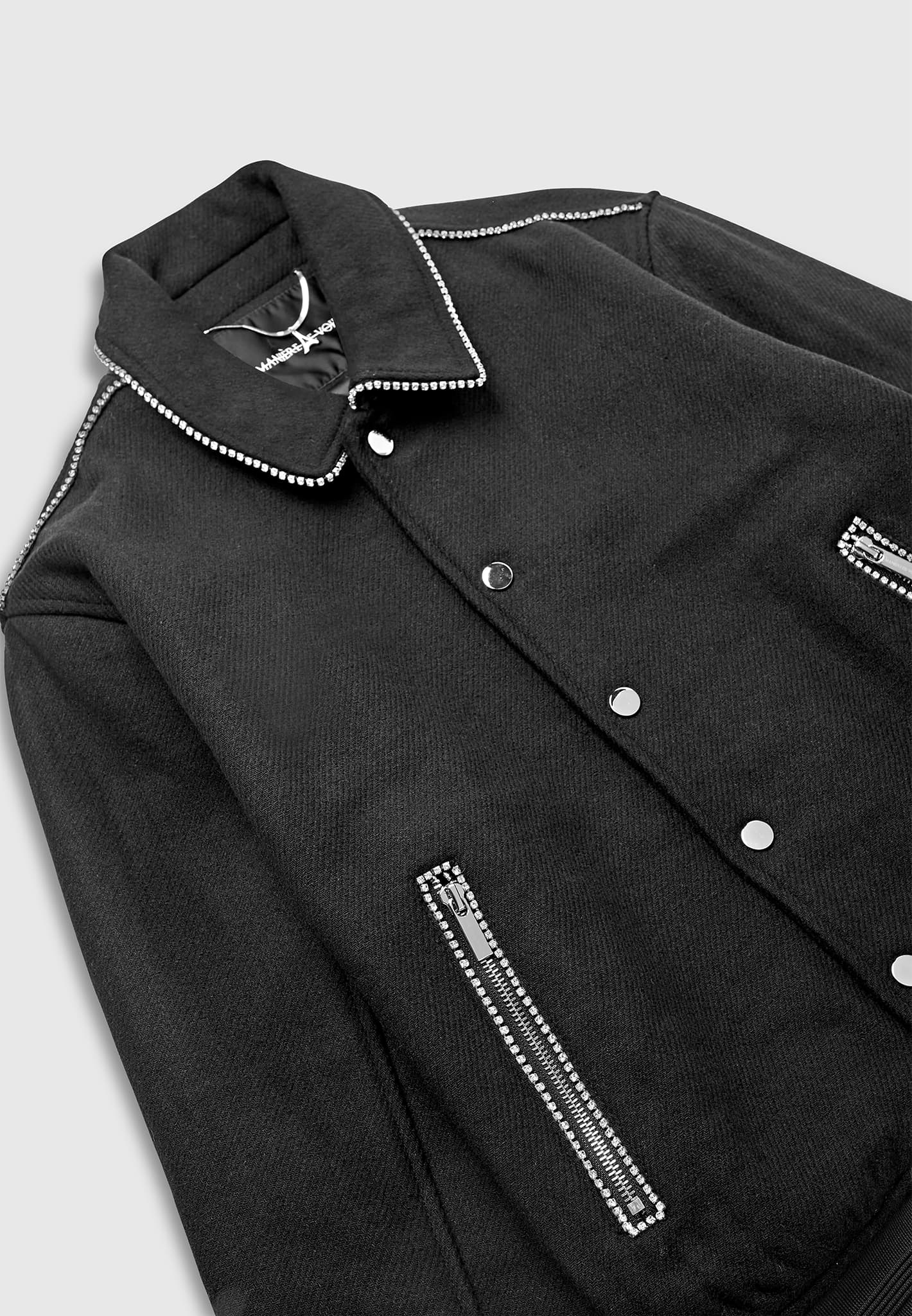 Rhinestone Wool Blend Varsity Jacket - Black | Manière De Voir