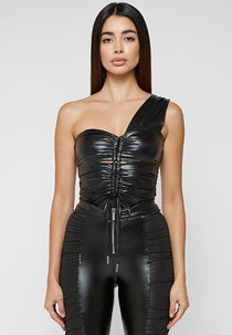 Ruched Leather Bodysuit - Black