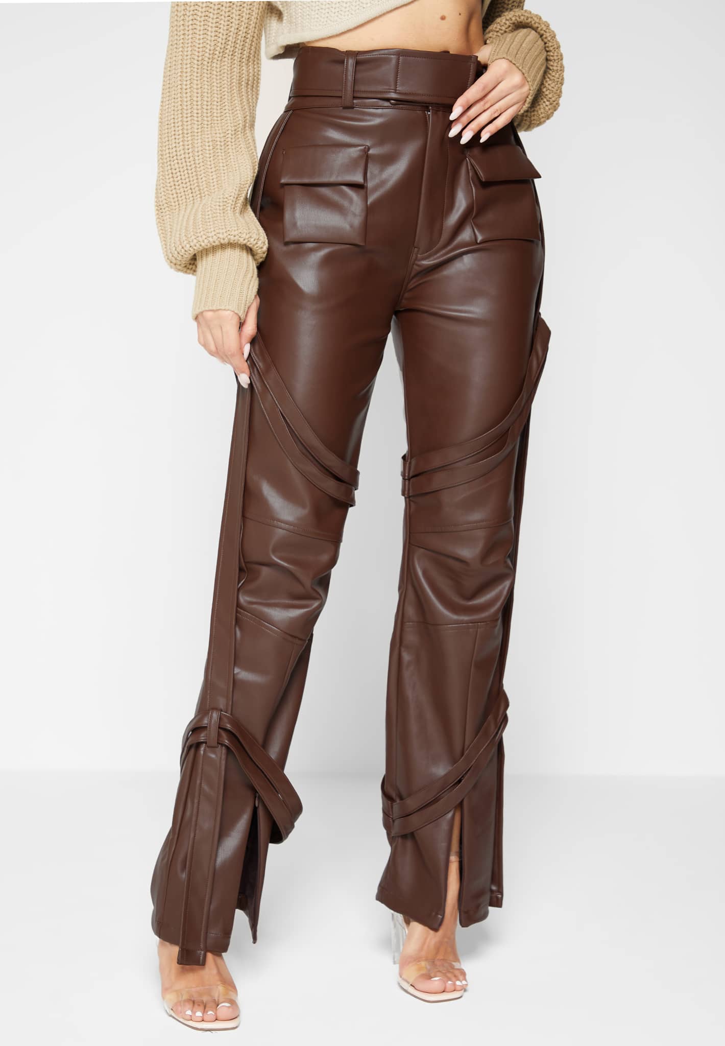 Vegan Leather Carpenter Cargo Trousers - Brown