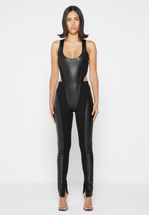 Leather Corset Lace Up Jumpsuit - Black