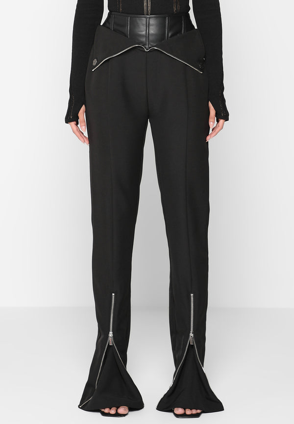 Leather Corset Zip Trousers - Black