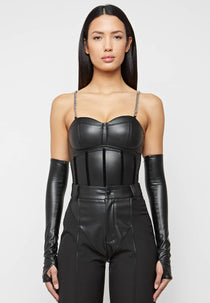 Leather Corset Bodysuit With Sleeve - Black