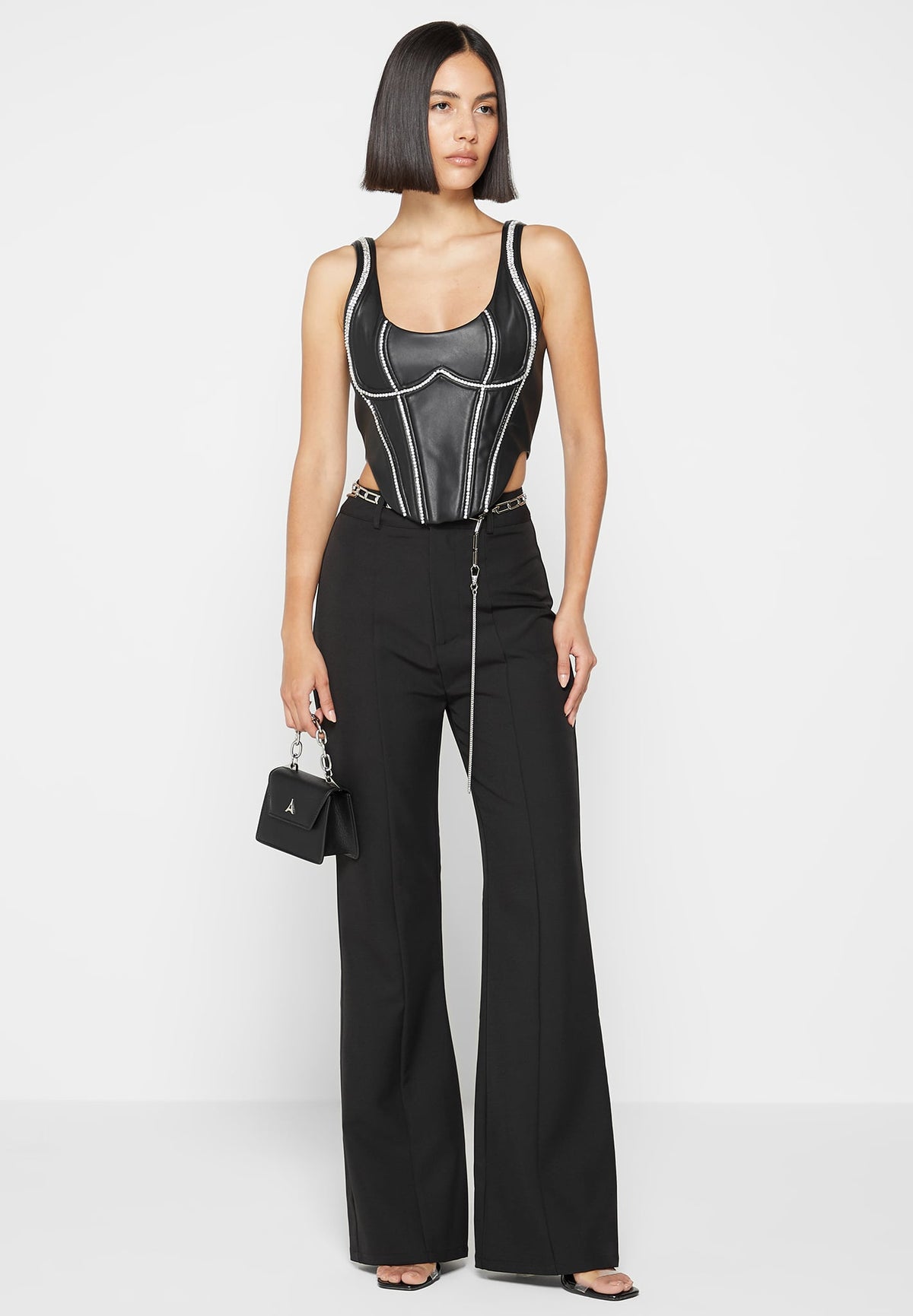 Leather Embellished Corset Top - Black