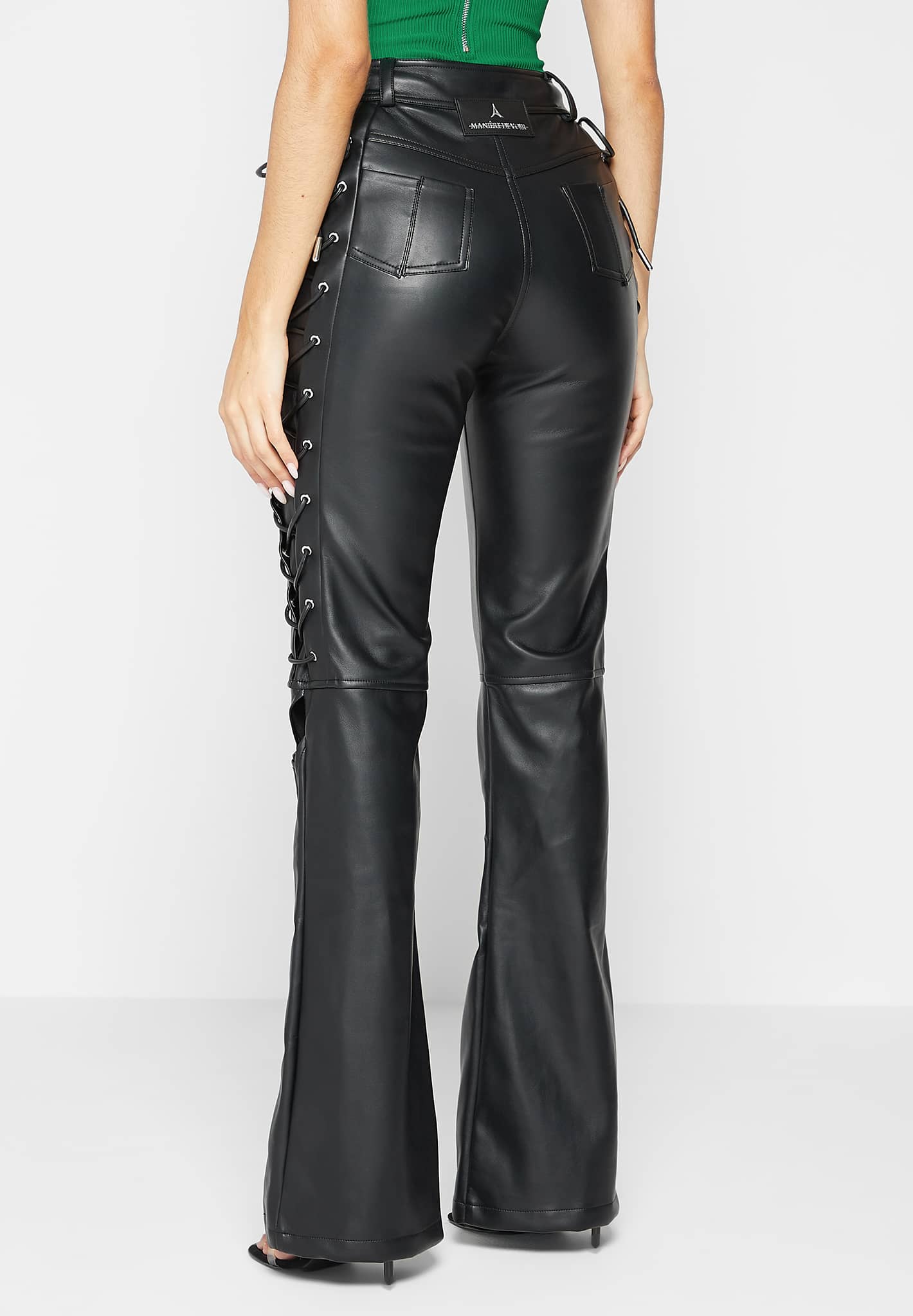 Topshop Faux Leather Lace Up Flare Trousers In Black Topshop