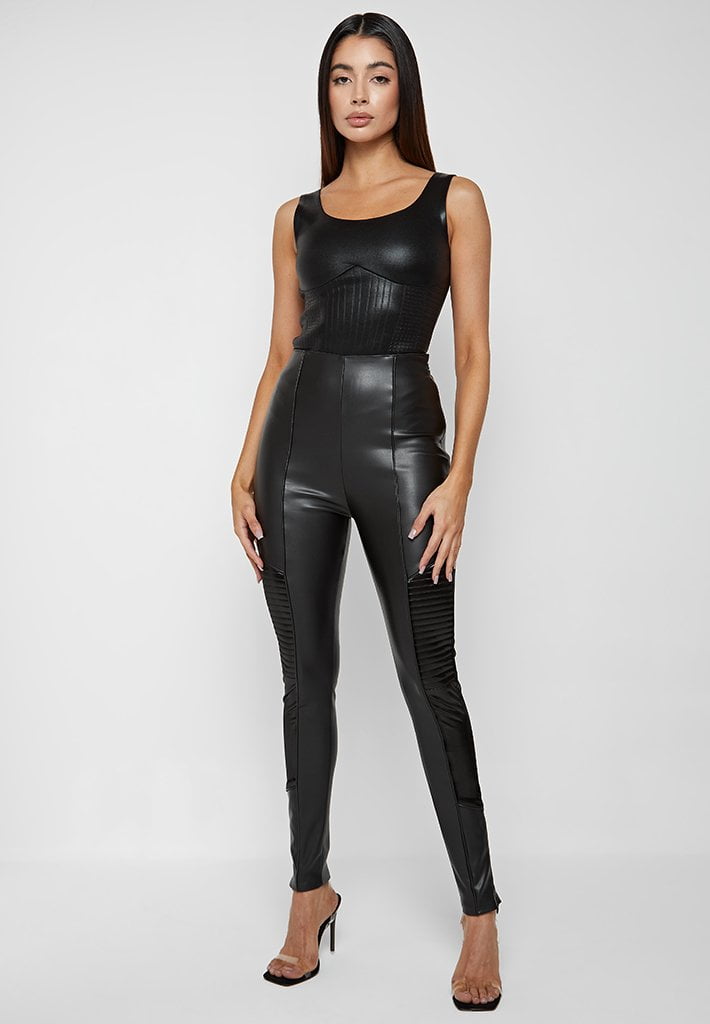 Leather & Patent Ribbed Leggings - Black