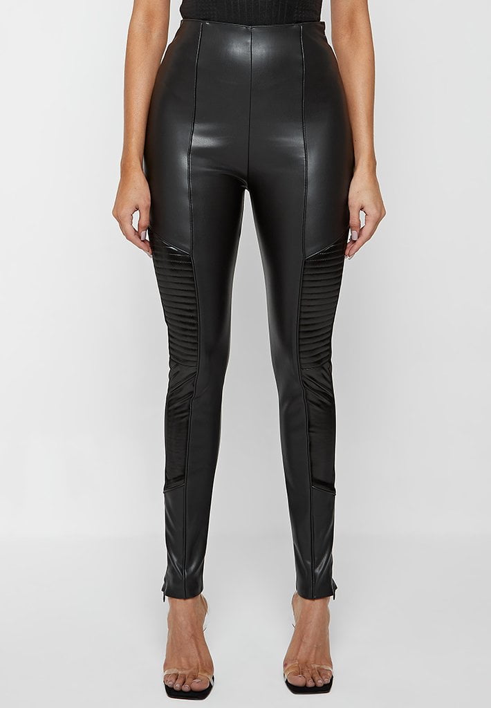 Leather & Patent Ribbed Leggings - Black