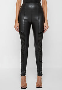 Leather & Patent Ribbed Leggings - Black