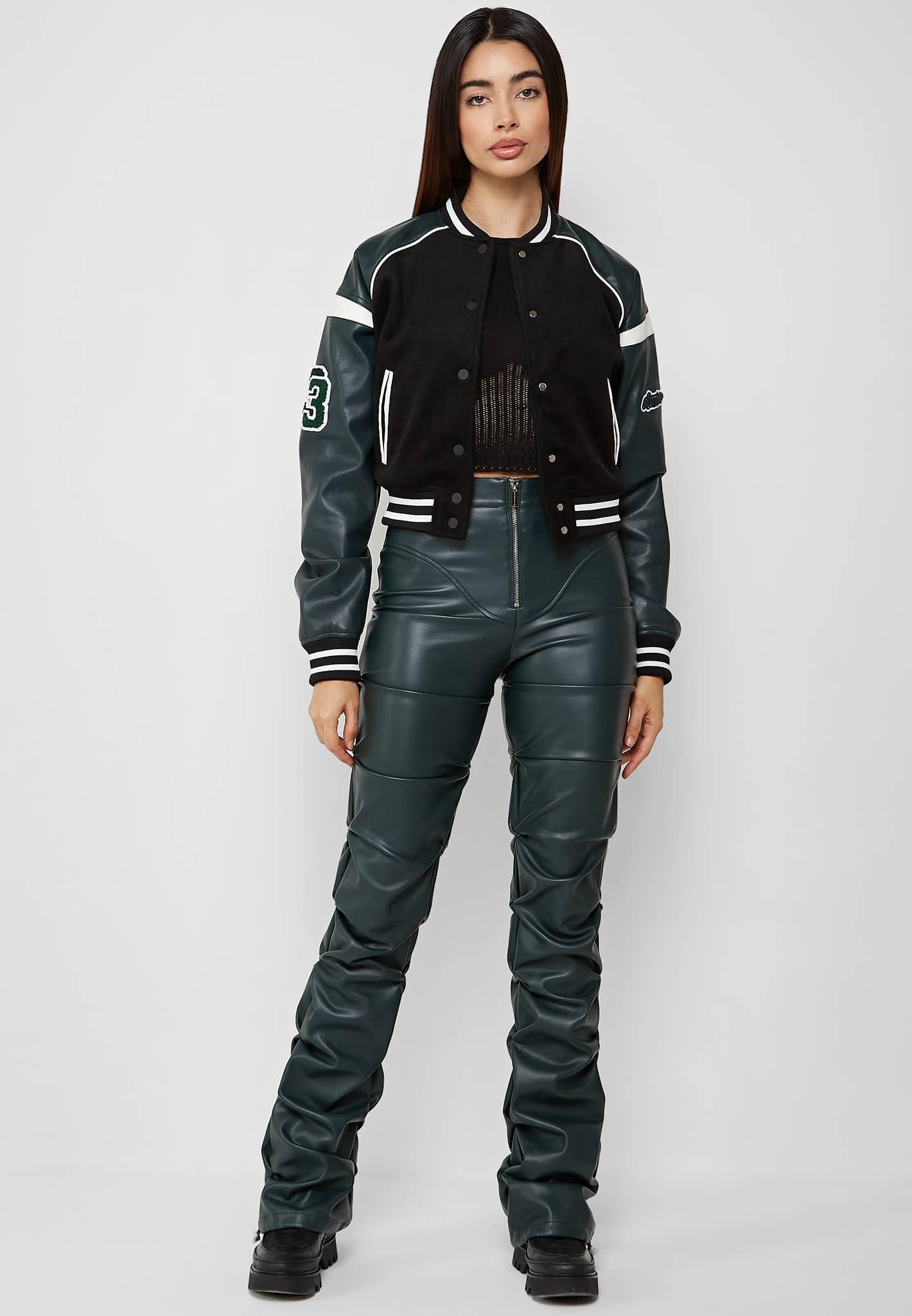 Motorcycle Leather Varsity Jacket - Green