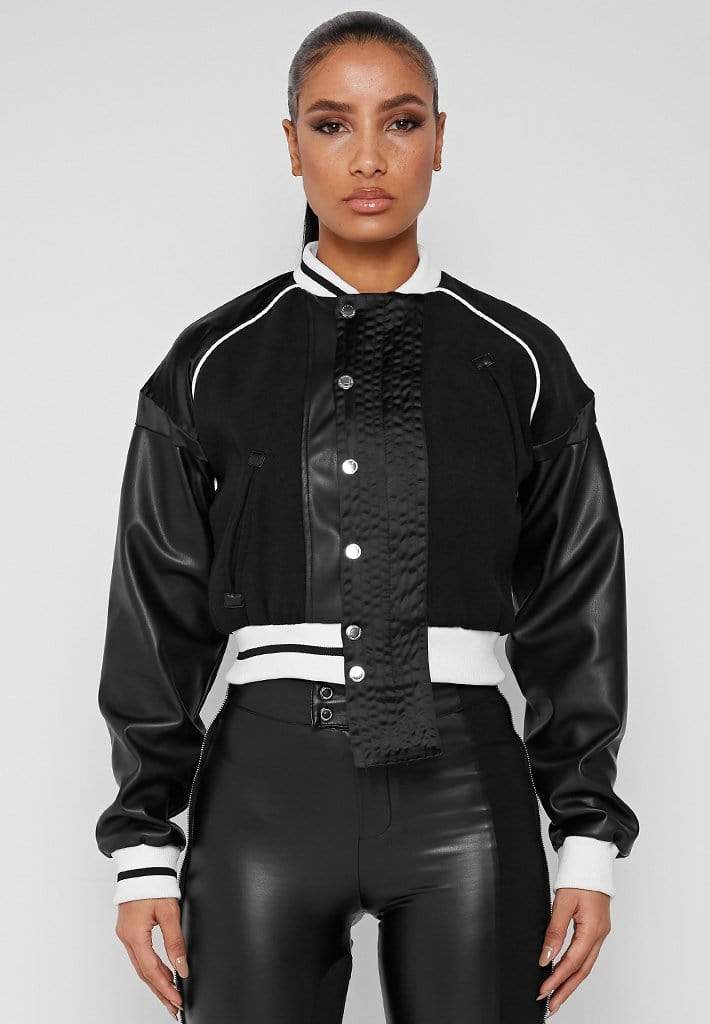 Vegan Leather & Wool Varsity Jacket - Black | Manière De Voir
