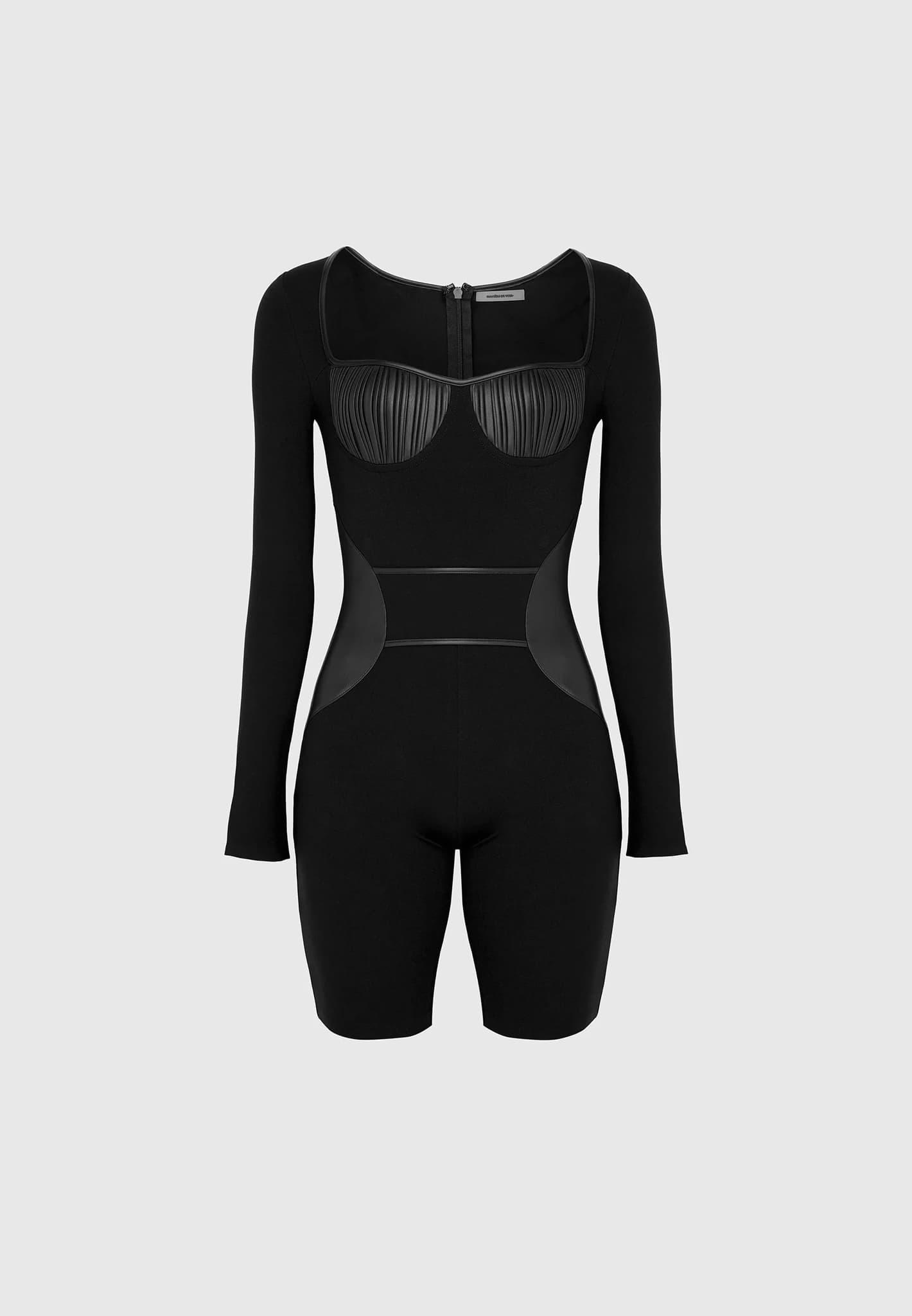 pleated-vegan-leather-bandage-playsuit-black