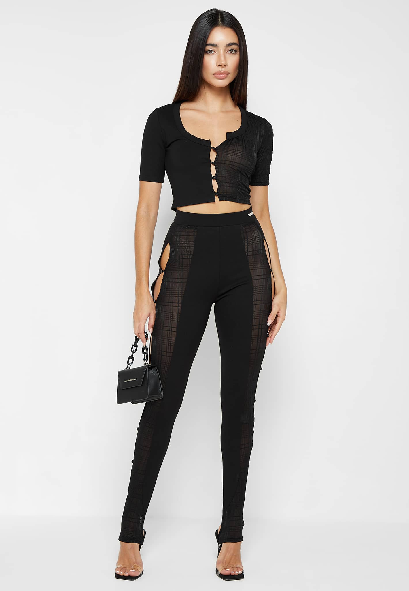 Bandage & Mesh Asymmetric Crop Top - Black