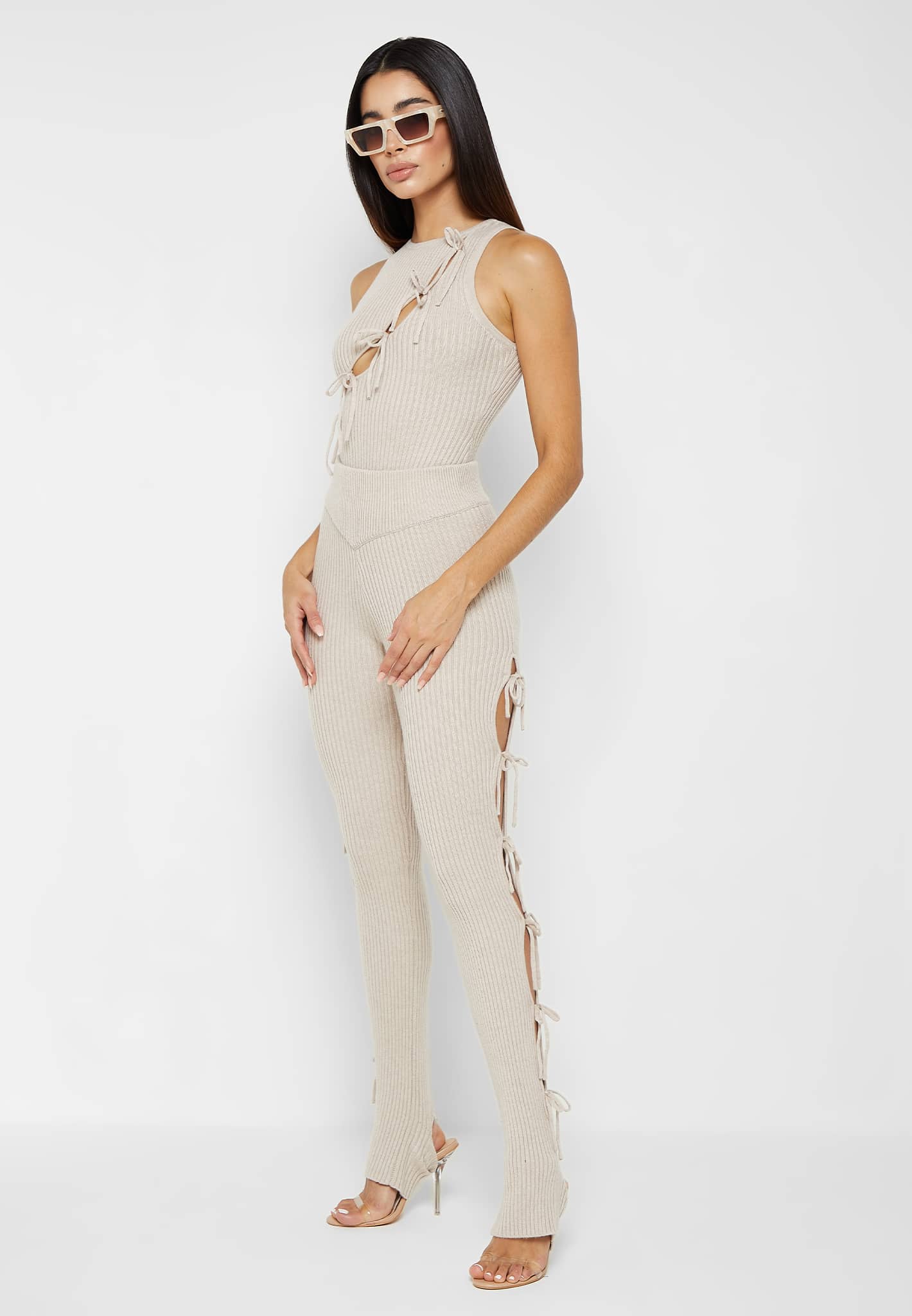 Knitted Lace Up Leggings with Stirrups - Beige