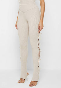 Knitted Lace Up Leggings with Stirrups - Beige