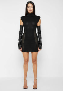 Knitted Contour Dress with Leather Sleeves - Black