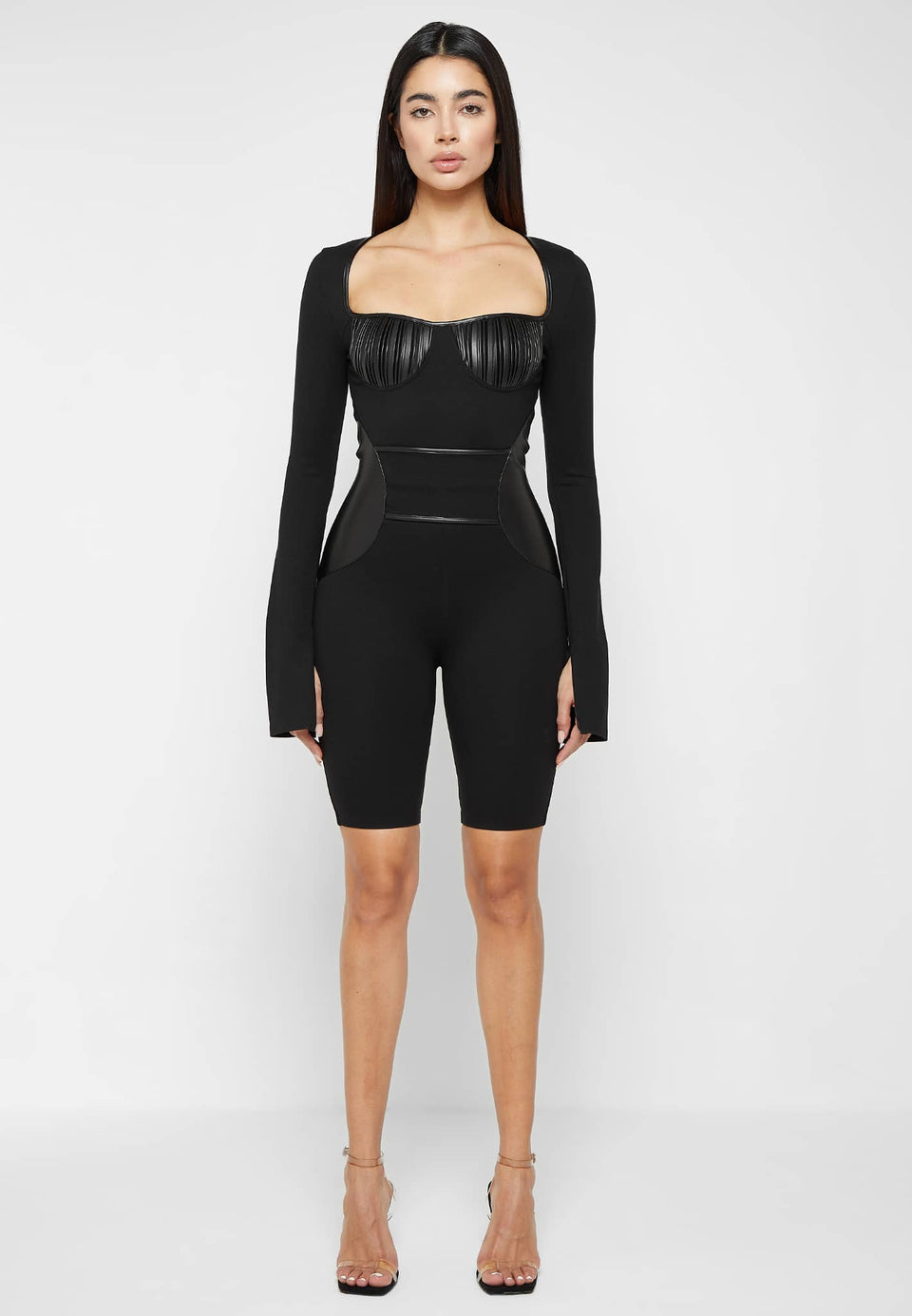 pleated-vegan-leather-bandage-playsuit-black