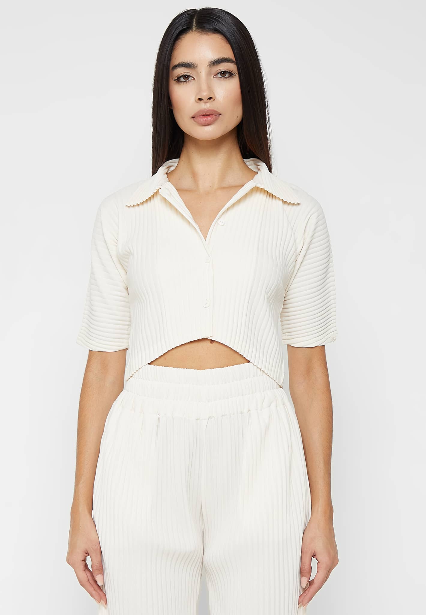 Pleated Curved Hem Shirt - Cream