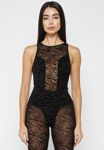 Mesh Zebra Print Racer Bodysuit - Black