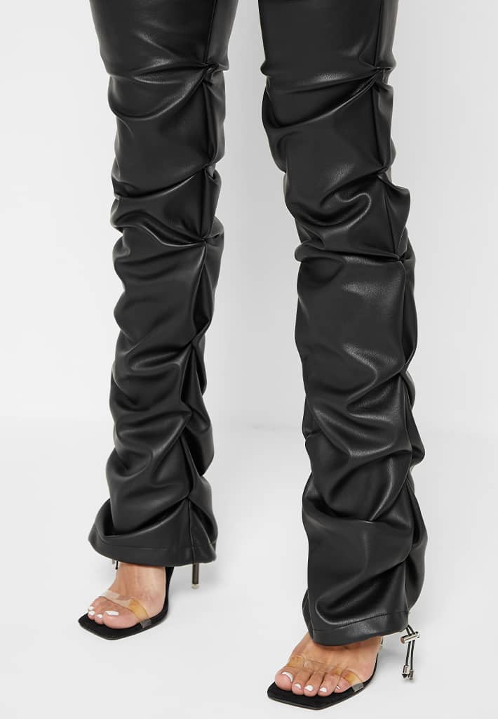 Tacked Vegan Leather Flared Trousers - Black