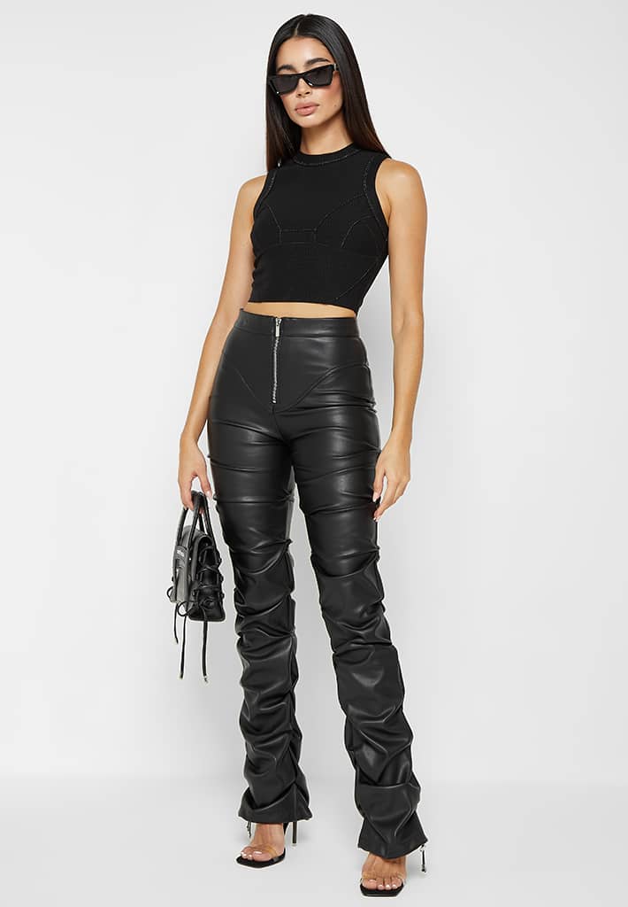 VEGAN LEATHER TUCKED TROUSERS