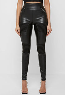 Leather & Suede Ribbed Legging - Black