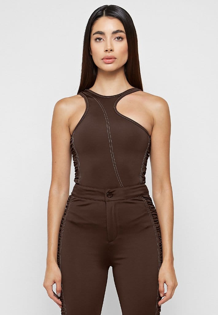 Asymmetric Ruched Side Bodysuit Chocolate Brown Manière De Voir