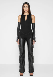 Bandage and Leather Racer Neck Cargo Pocket Jumpsuit - Black