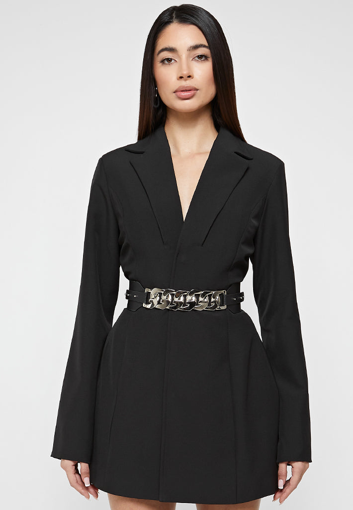 Chain Belted Blazer Dress - Black