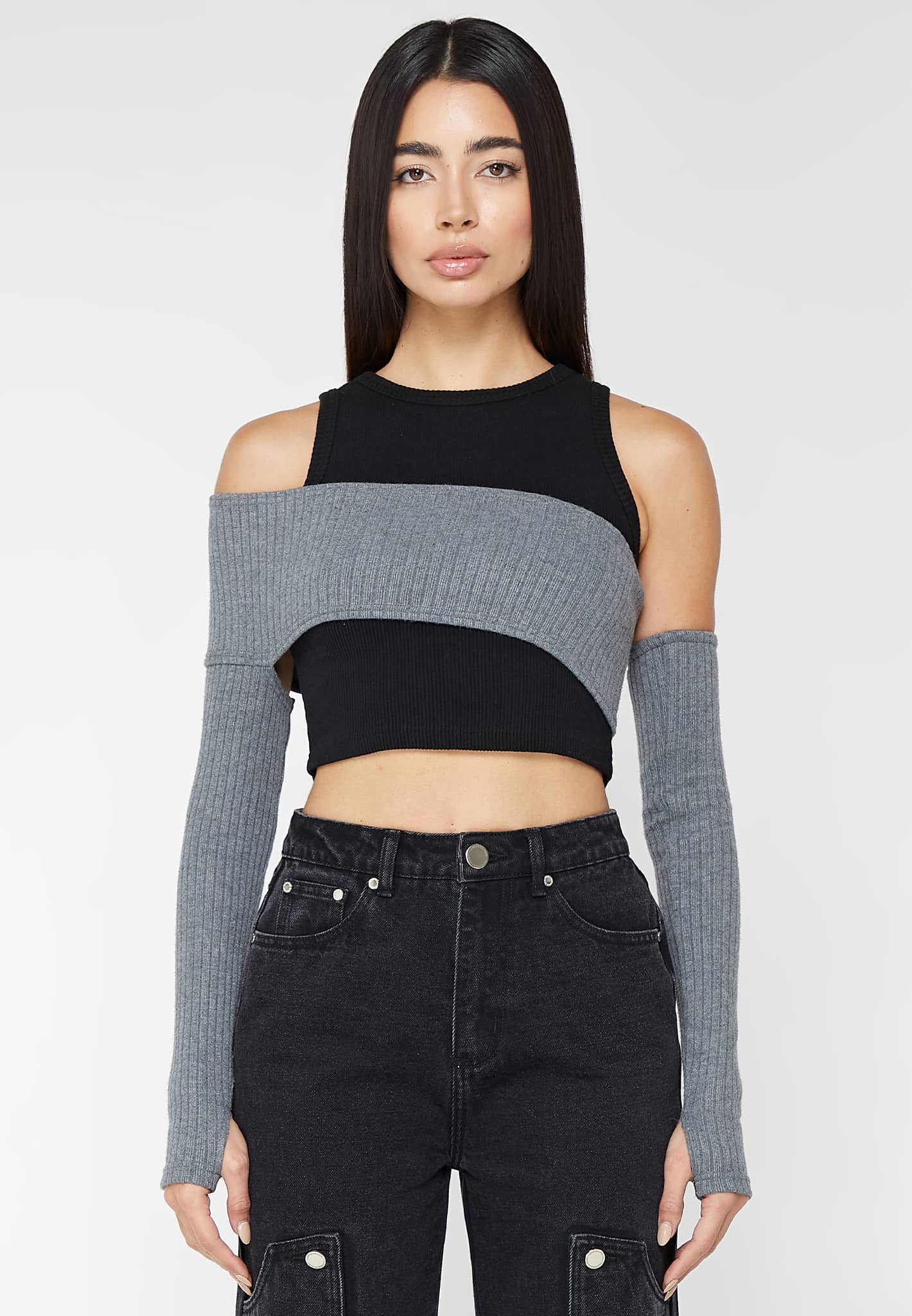 Crop Top with Knitted Overlay - Black/Grey