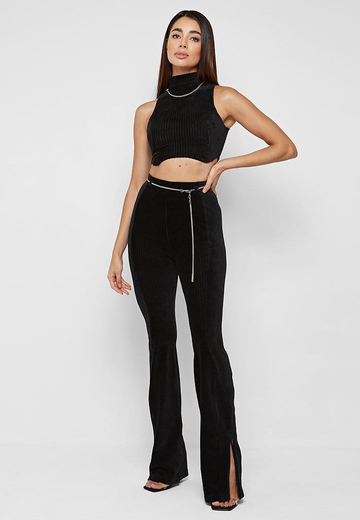 Detachable Chain Ribbed Velour Top - Black