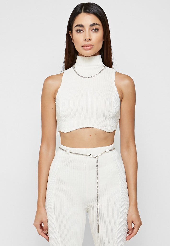 Detachable Chain Ribbed Velour Top - Off White