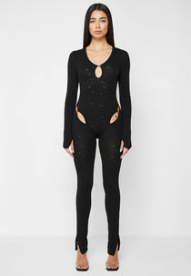 Distressed Knitted Cut Out Jumpsuit - Black