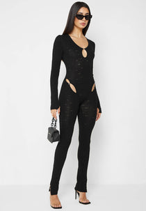 Distressed Knitted Cut Out Jumpsuit - Black