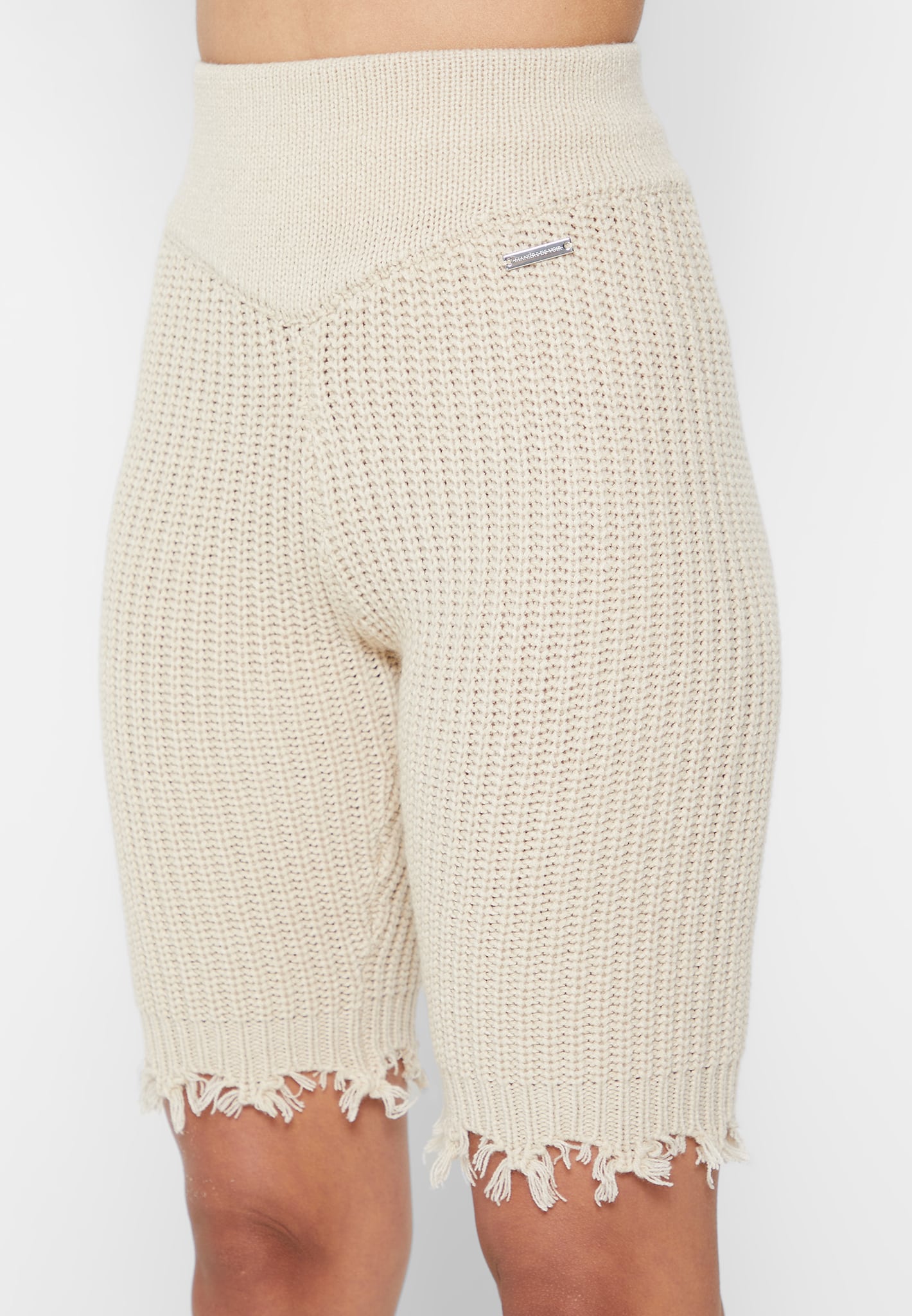 Distressed Knitted Cycling Shorts Beige