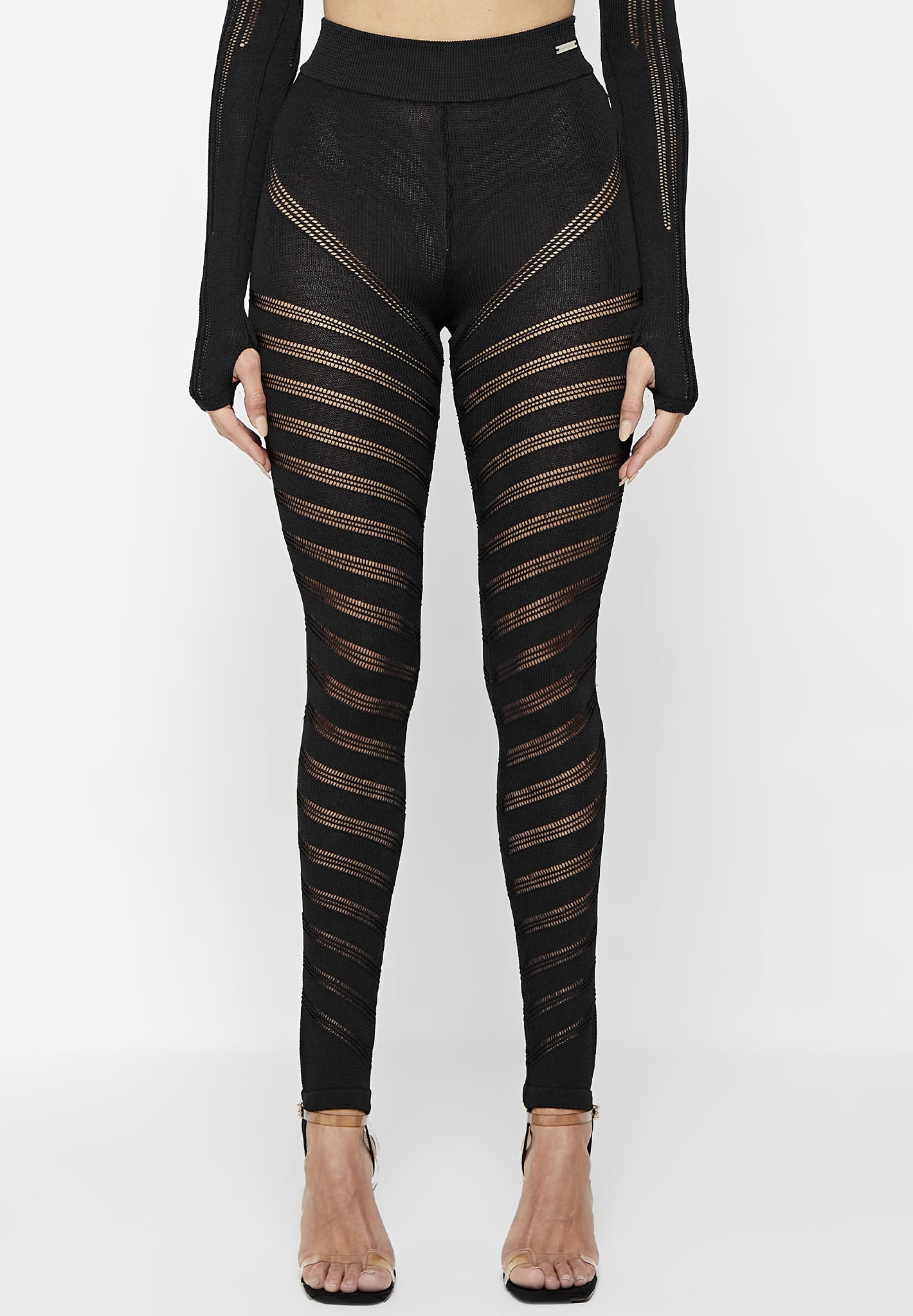 High Waisted Knitted Spiral Contour Leggings - Black