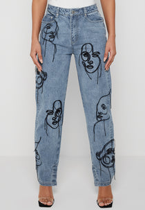 Line Art Mom Jeans - Mid Blue